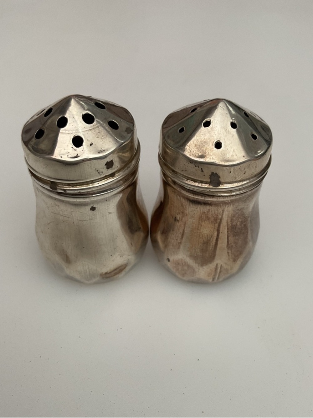 Vintage Sterling Silver Salt & Pepper Shakers Set V.L. Hammered Design Mini 2.5”